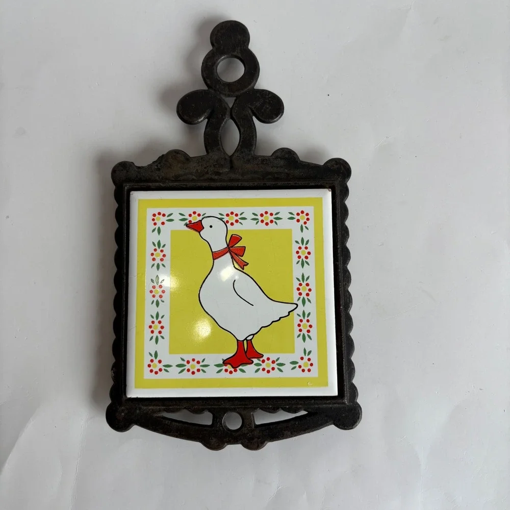 Vintage Cast Iron Ceramic Tile Trivet White Goose Red Bow Yellow Floral Taiwan